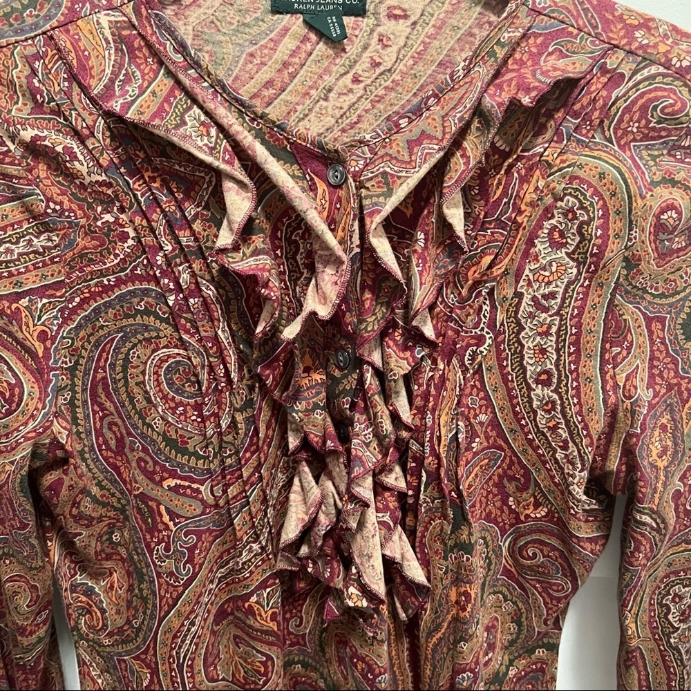 Women’s Lauren Ralph Lauren burgundy paisley patterned ruffle detail blouse - Picture 2 of 5